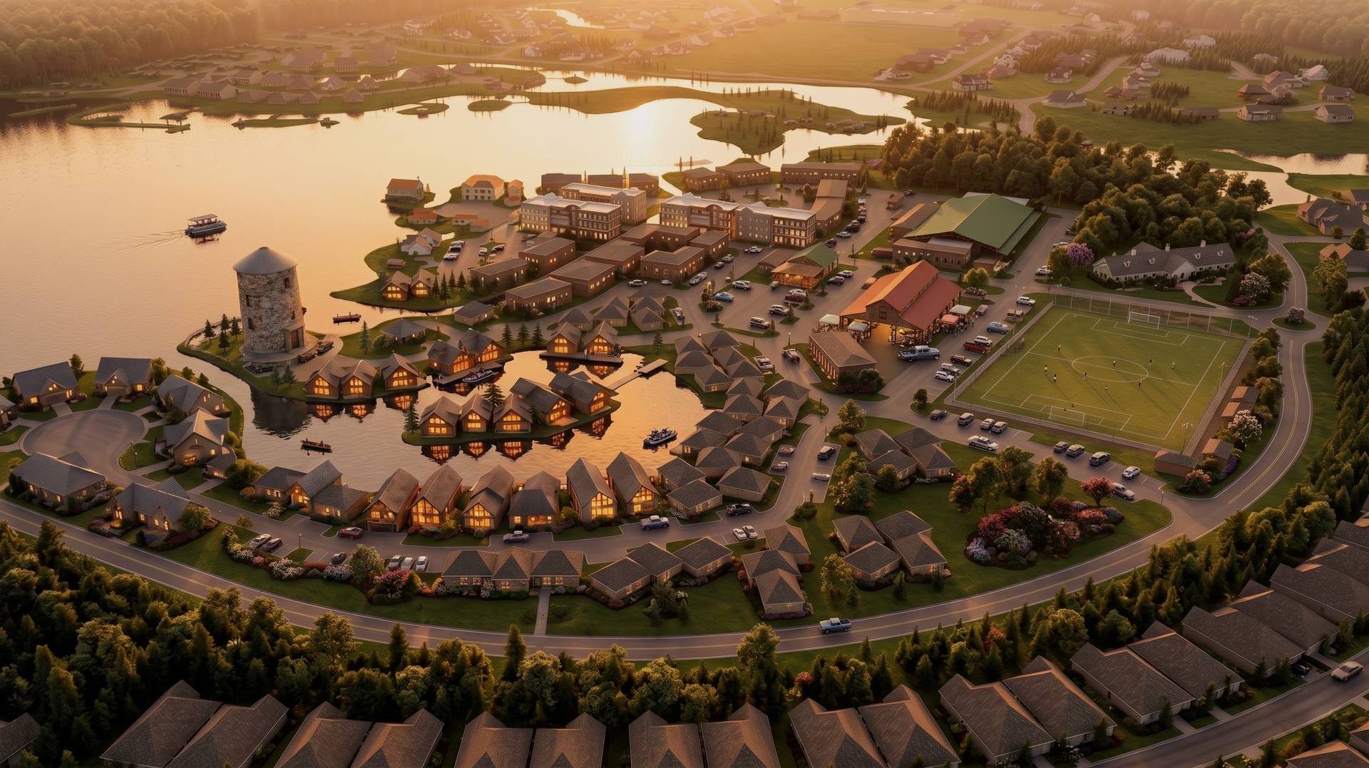 Artist&rsquo;s rendering of BrightStar Ranch & Club at dusk: cabins and a lodge around a lake, with a village green and lit windows.